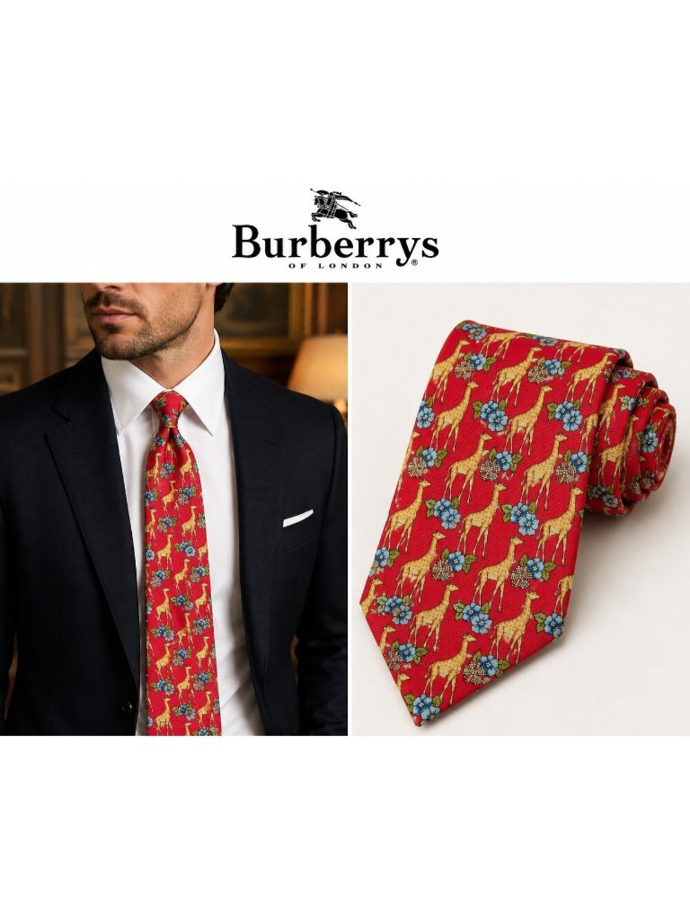 Vintage Burberrys of London 100% Silk Red Giraffe Floral Animal Print Tie